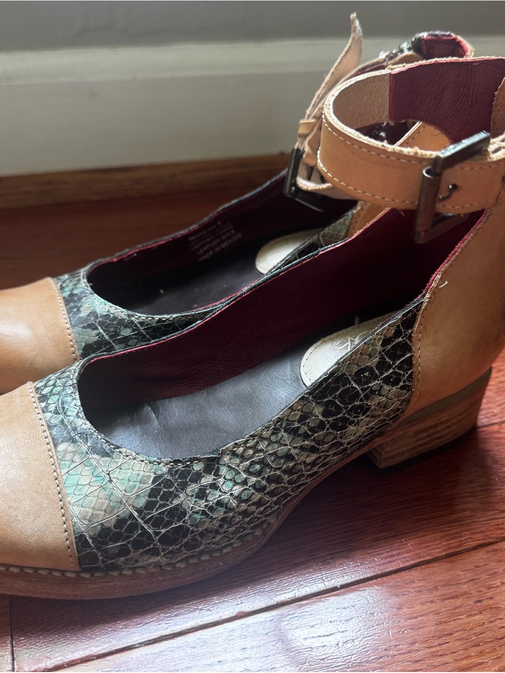 Freebird Marilyn Women's Ankle-Strap Leather Mary Jane’s Tan and Snake Print